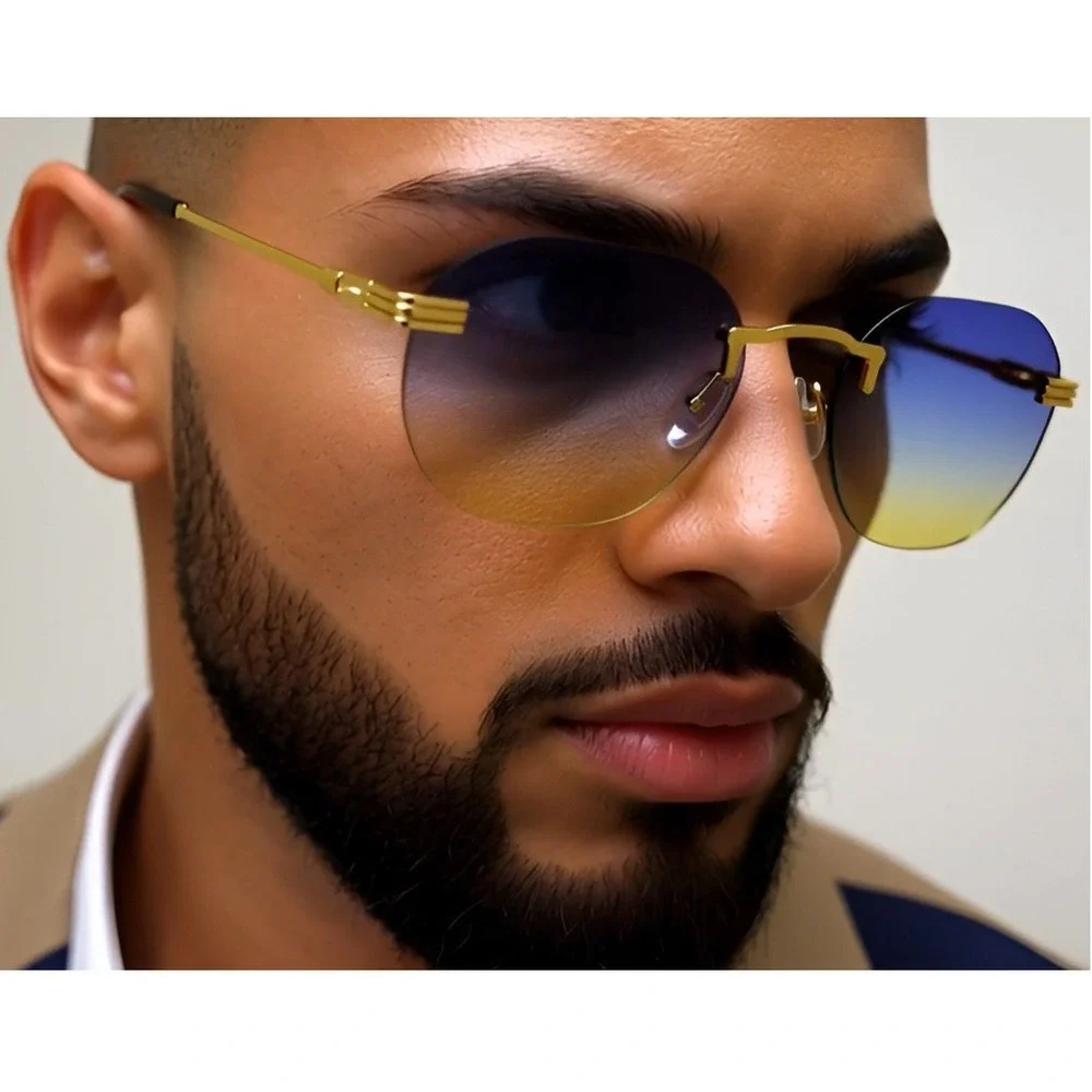 Rimless Sunglasses Blue Yellow‎ Gradient Lens Gold Frame Fashion Shades Lentes